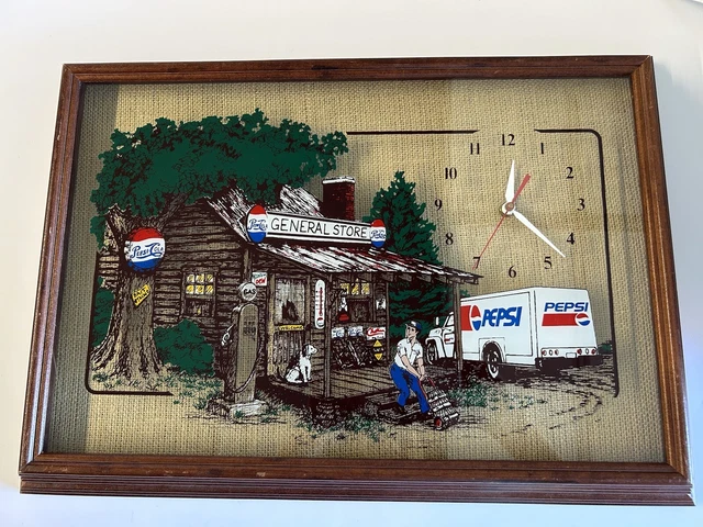 VTG Pepsi Shadowbox Old General Store Painted Burlap Wall Clock Framed 21” X 15”