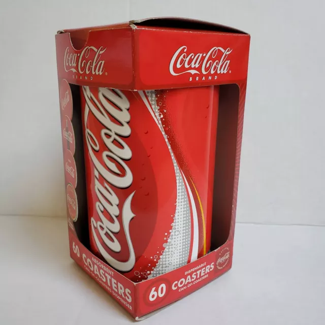 Coke Can Of Coasters Dispenser Includes 60 Absorbent Coasters 4 Designs 7" Tall