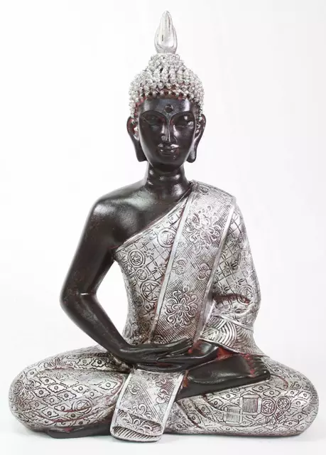 Feng Shui 11" Elegant Silver and Black Thai Meditating Buddha Home Decor Statue