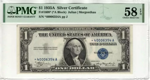 1935 A $1 Silver Certificate Star Note Fr.1608* *A Block Pmg Choice Au 58 Epq