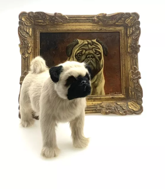 Pug Dog Figurine Soft Tan Fur Toy Vintage Adorable Decor