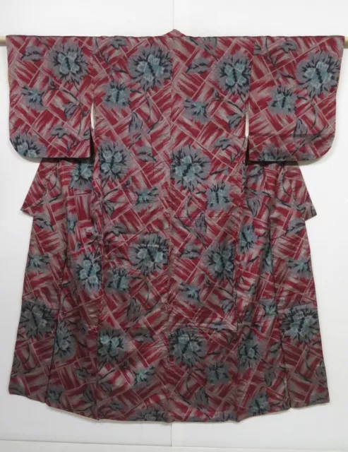 1113N07z590 Vintage Japanese Kimono Silk Meisen KOMON Red-Purple Flower
