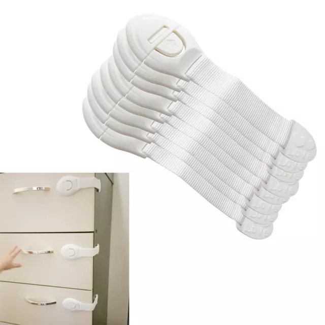 10x Child Adhesive Kid Baby Safety Drawer Door Lock Cupboard Cabinet Belt White 2