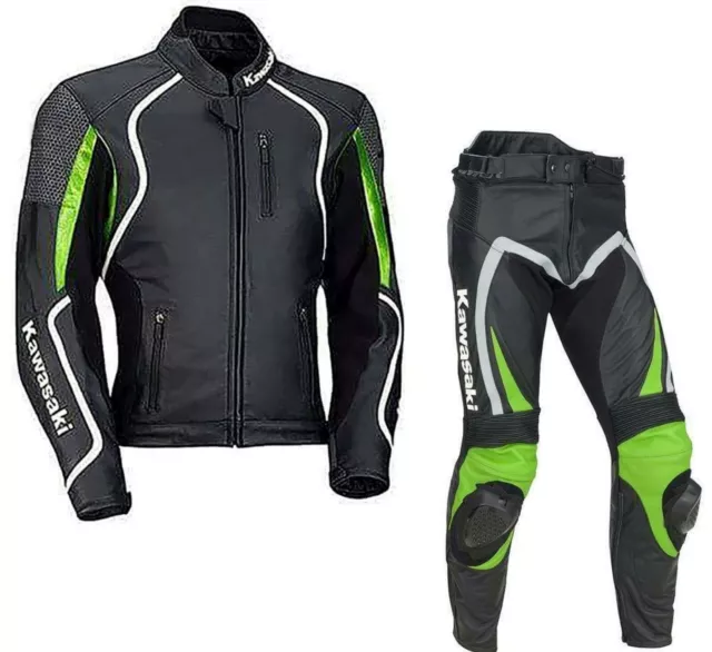 KAWASAKI Hommes Combinaison de Moto en Cuir Courses Moto en Cuir Veste Pantalon