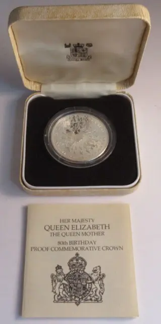1980 UK QUEEN ELIZABETH QUEEN MOTHER 80th BIRTHDAY SILVER PROOF CROWN BOX & COA