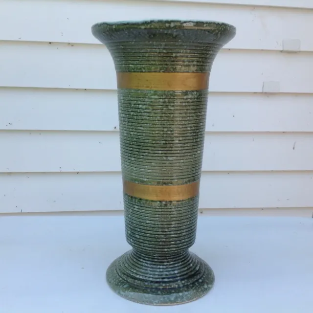 Vtg MCM HULL USA 102 Pottery Imperial? Green-Blue Speckled Glaze w/Gold Vase Urn