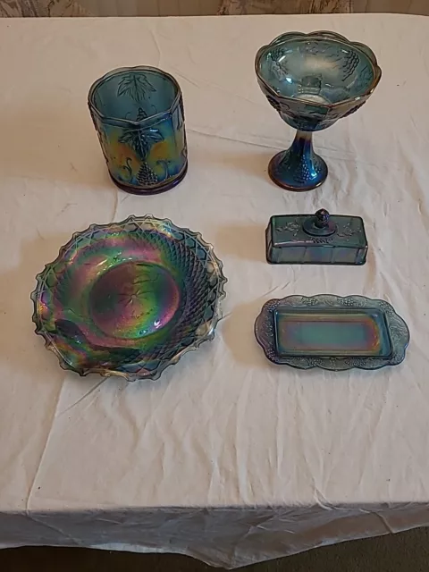 Vintage Blue Carnival Glass Collection 5 Pieces