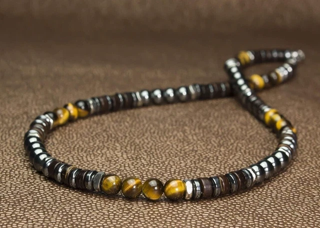 Collier Pendentif Croix En Hématite Avec Perle Oeil De Tigre - Longueur 50cm - Neuf Sans Emballage