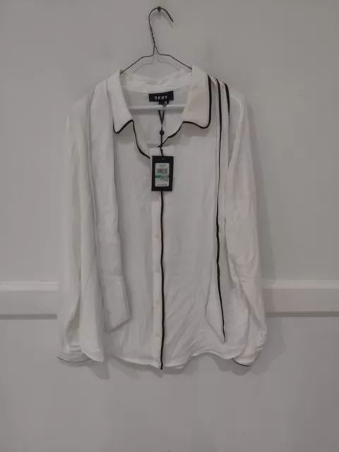 DEFECT DKNY Women's Piped Trim Tie Front Blouse Ivory/Black Size L $70 A395