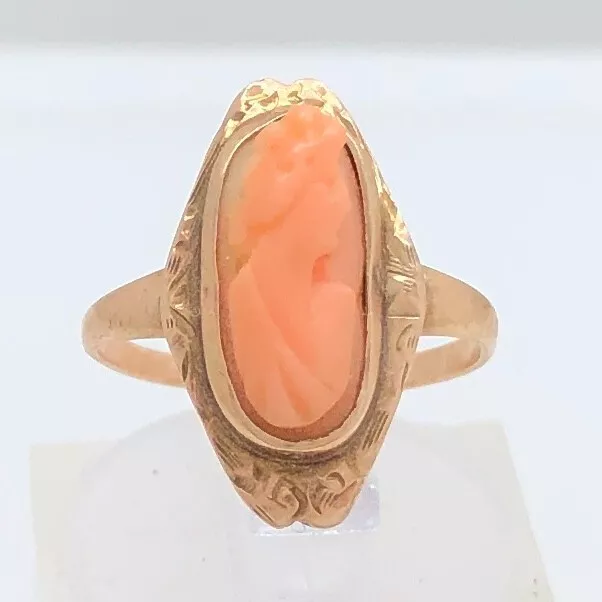 10K Solid Yellow Gold Coral Cameo Ring 1.4 Grams Size 3.5 Vintage Estate