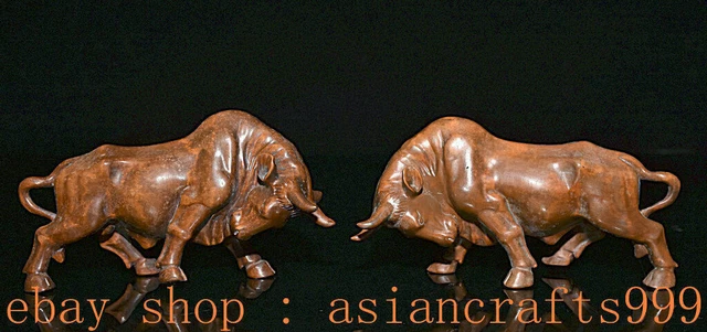 5.2" Old China Boxwood Feng Shui 12 Zodiac Animal Taurus Cattle Statue Pair