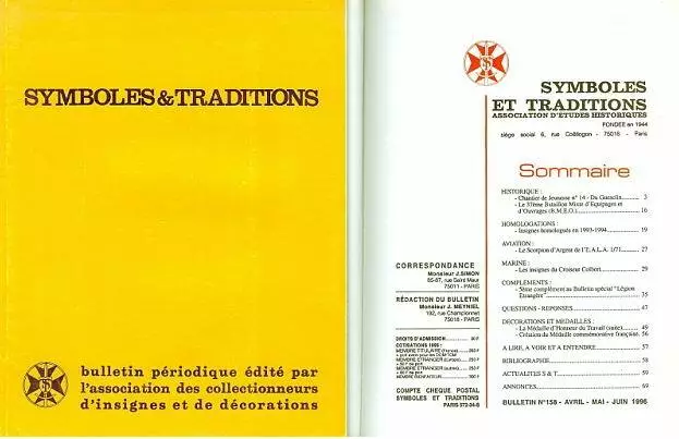 Documentation insignes et médailles - SYMBOLES ET TRADITIONS n° 158 2° trim 1996