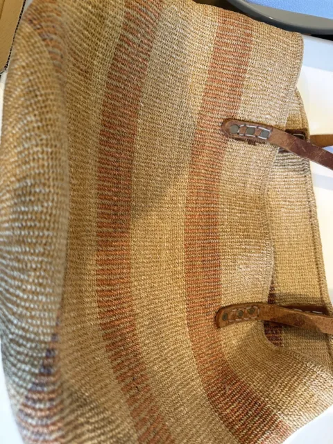 Vtg African Hand Woven Natural Bag Sack Basket Tribal Native With Leather Straps