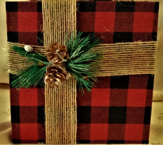 NWT Wood Table Decor-Stacked Christmas Presents-Blk/Red Plaid & Burlap-14" Tall 2