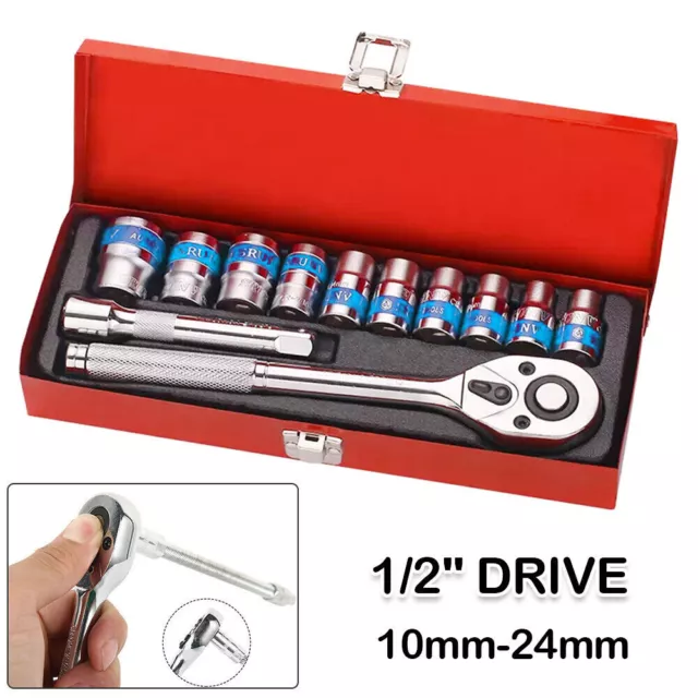 12Pcs 1/2'' Socket Set 10-24mm Steel Case Metric Drive Extension Ratchet Wrench