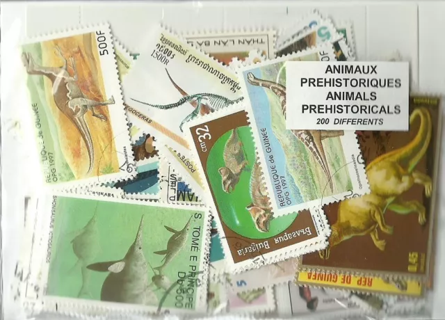 Lot de 200 timbres thematique " Animaux prehistoriques"