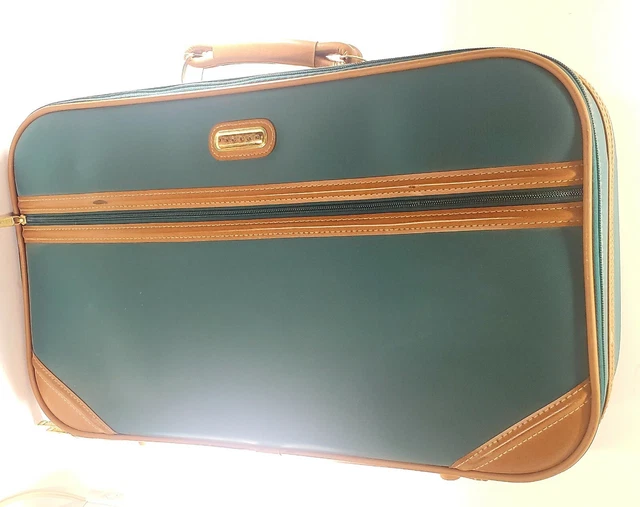 Vintage Jaguar Luggage Suitcase Travel Bag Green Brown Leather Trim