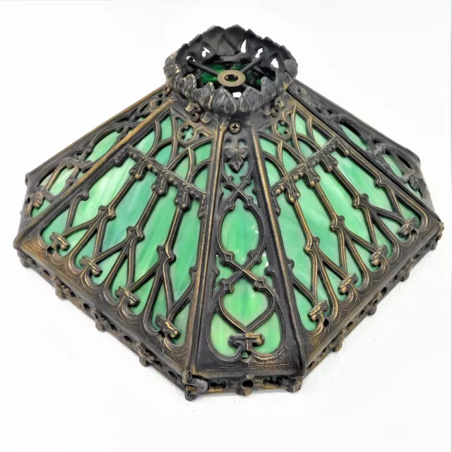 VNTG Art Deco Style Cast Bronze Metal Green Slag Glass Panel Ornate Lamp Shade