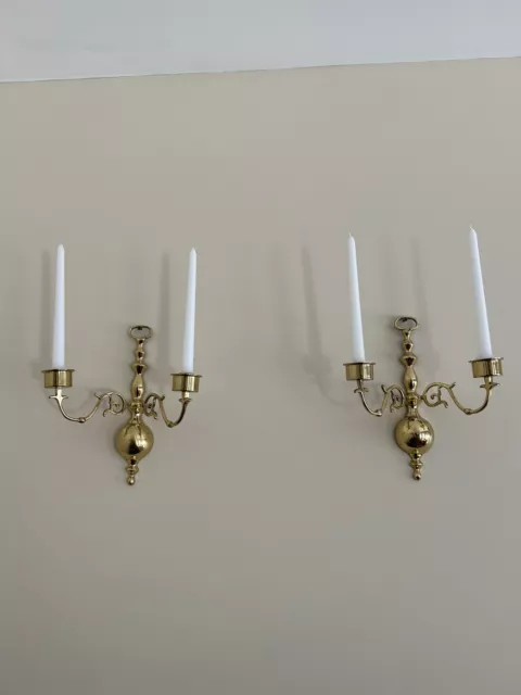 Vintage Solid Brass Double Arm Wall Sconce Candle Stick Pair - Set of 2