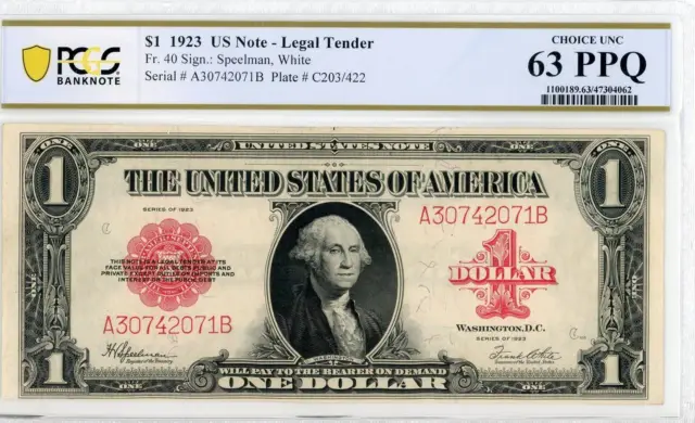 NobleSpirit No Reserve Fr 40 1923 $1 US Note Legal Tender PCGS MS 63 PPQ