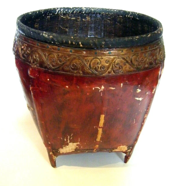 Antique Rice Basket c.19th Burmese Red Lacquer Woven Rattan Large Indoor Planter