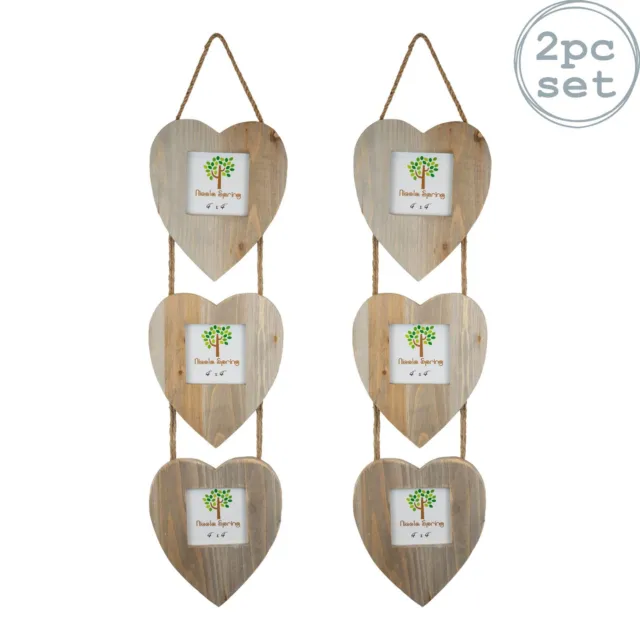 2x Rustic Hearts Hanging 3 Photo Frames Wooden Picture Display 4 x 4" Natural