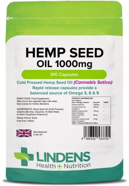 Aceite de semilla de cáñamo Lindens 1000 mg cápsulas | Cannibis Sativa cuidado natural de las articulaciones salud