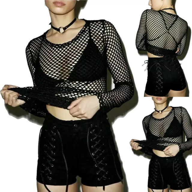 Ladies Women Long Sleeve Fish Net Mesh Sheer T shirt Top Casual Blouse Sexy goth