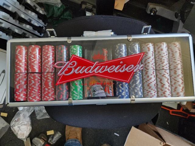 Budweiser poker chips. 500 count Two decks, Dice, Keys. Complete Set Sealed