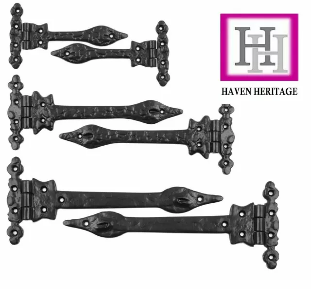 Cast Iron Spear Hinges  Black Antique Vintage Traditional Leaf ornamental PAIR