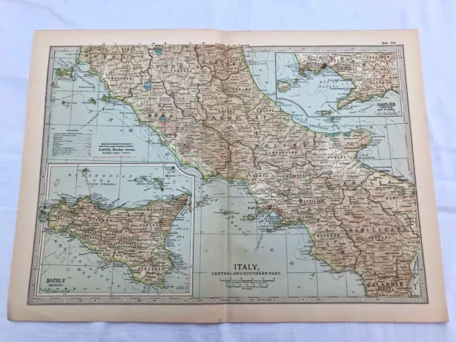 1903 large colour fold out map titled " italy - central & southern part "