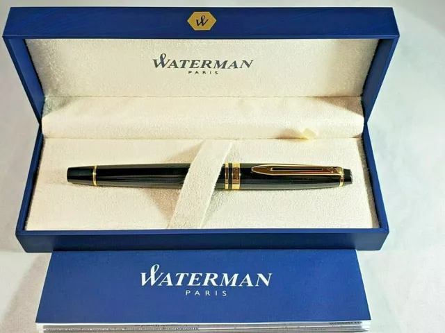 Waterman Expert Fountain Pen, Gloss Black with 23k GT, Medium Nib+converter