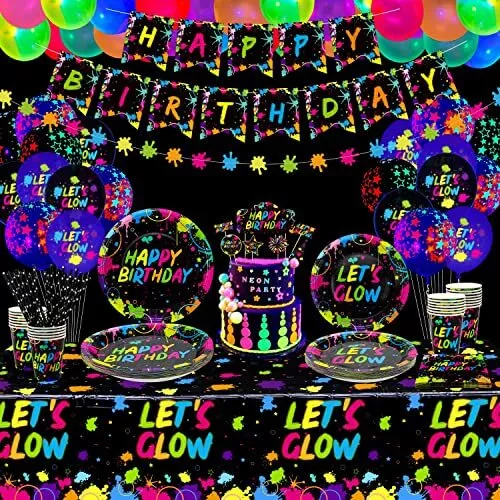 192 PCS Neon Glow Birthday Party Supplies - Glow in the Dark