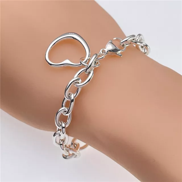 925 Sterling Silver Filled Heart Dangle Bracelet Bangle Womens Charm Jewellery