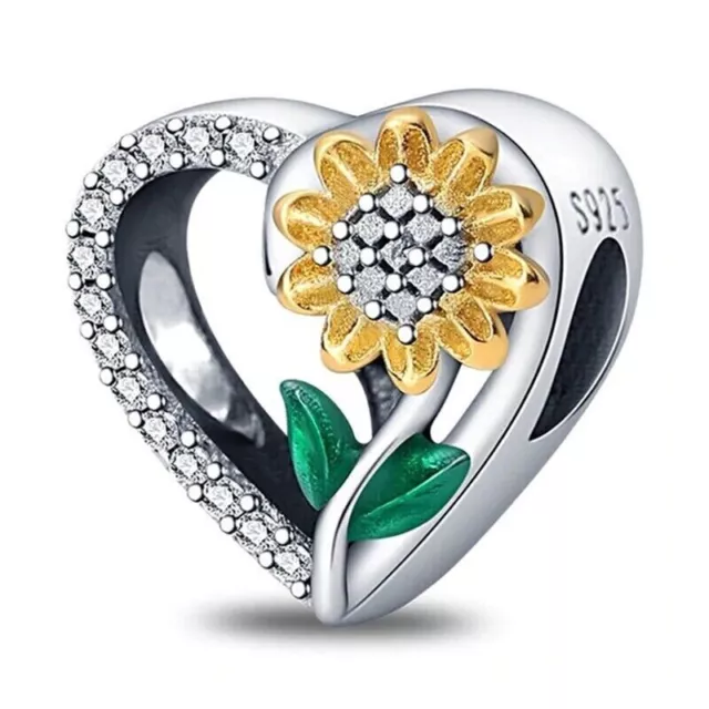 Genuine Sunflower Heart S925 Sterling Silver Bead Charm for Women Mum Sister Nan