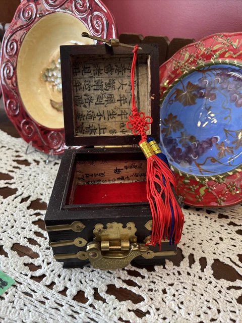 Vintage Chinese Lacquered Wood & Brass Lock Chest Jewelry Box Fish Redwood