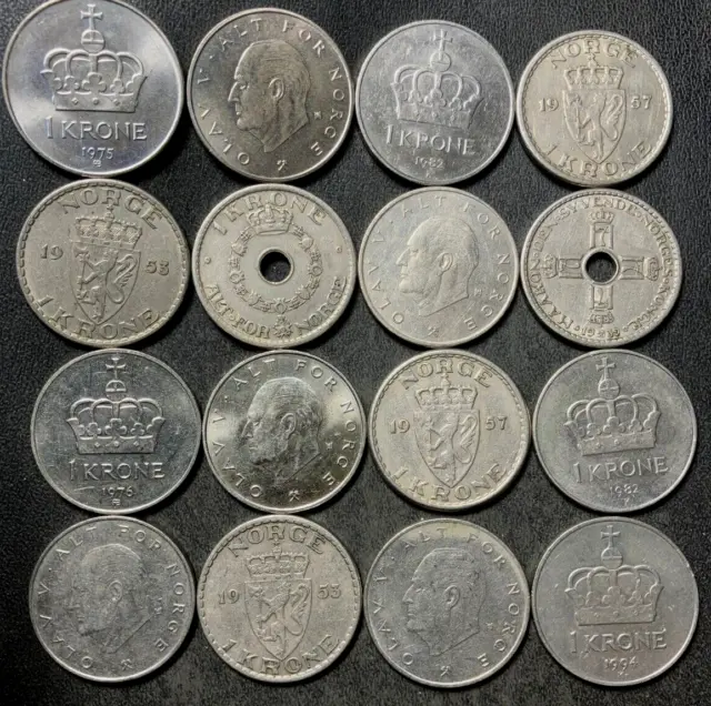 Vintage Norway Coin Lot - 1939-PRESENT - KRONE - 16 Great Coins - Lot #S22