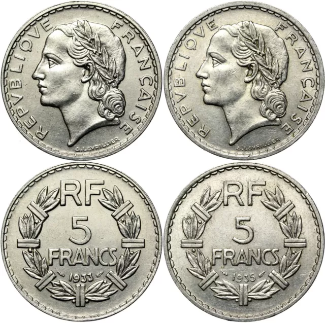 Sammlung Frankreich KONVOLUT - 2 Münzen - 5 Francs 1933 + 1935 LAVRILLIER - LOT