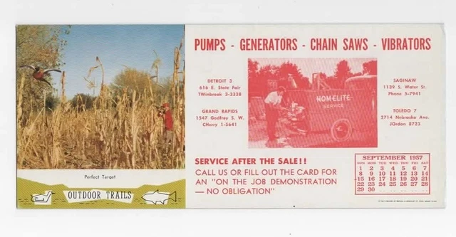 Michigan  Homelite Service  1957  ink blotter  shows  duck hunter and truck