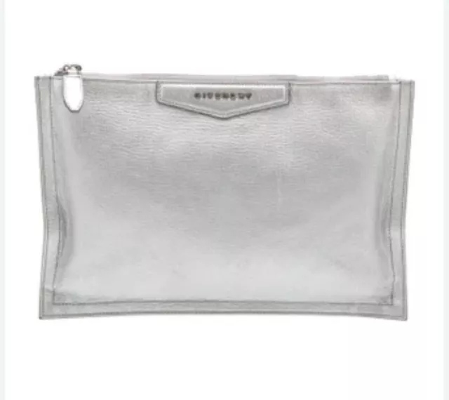 Givenchy Clutch Bag Antigona TE0164 Silver Leather Used Pouch Flat Logo