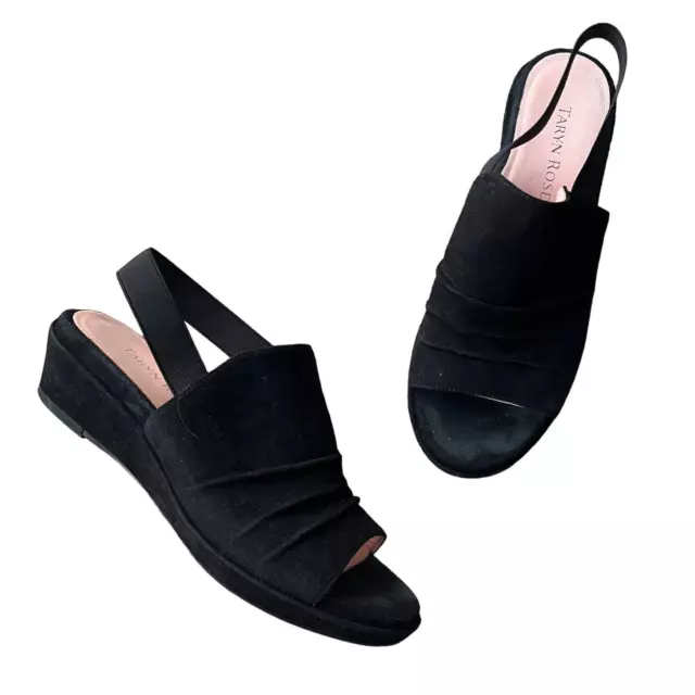 Taryn Rose Tiva Black Suede Low Wedge Peep Toe Sandals Size 5.5