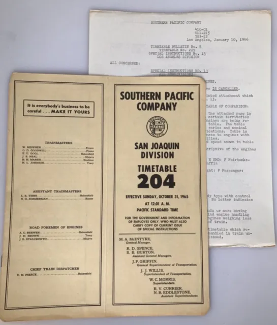 Southern Pacific Company Railway TimeTable 204 San Joaquin, Ca Oct. 31, 1965