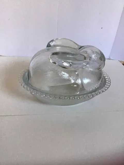Glass Indiana Glass Co. Bunny Rabbit on Nest Covered Dish Clear 1950;s