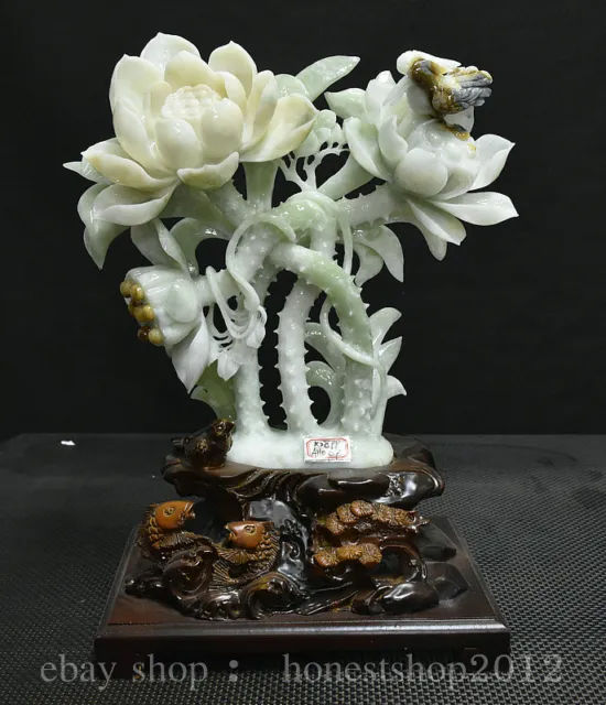 17.8" Chinese natürliche Xiu Jade Schnitzen Lotus Blume Vogel Holz Basis Statue