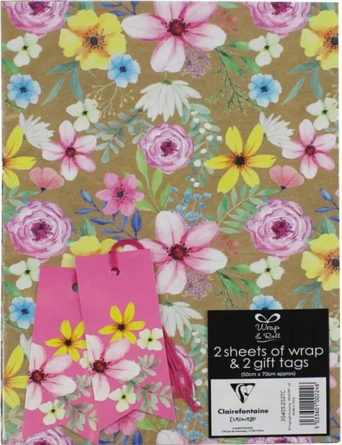 Flowers - Ladies Friend Mum Gift Wrap Set Paper Wrapping 2 Sheets 2 Tags