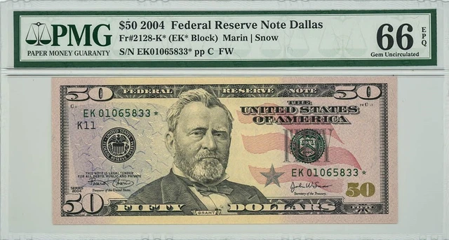 FR #2128-K $50 2004 Federal Reserve Note Dallas Gem Unc 66 EPQ PMG DC-6295
