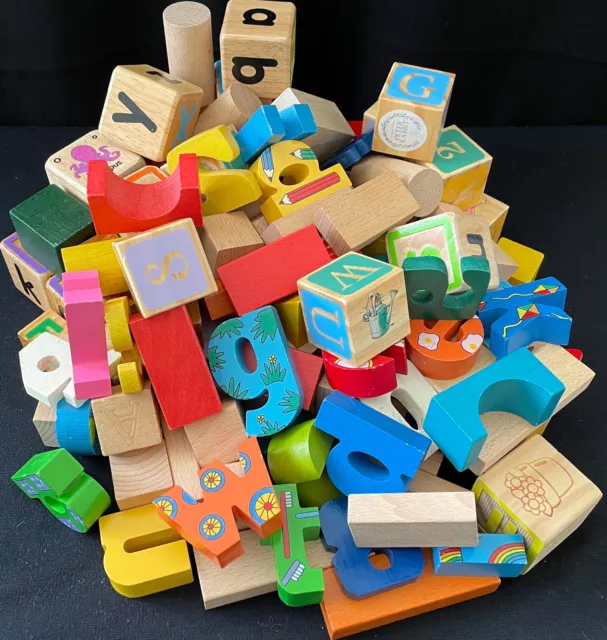 Wooden Building Blocks Kids Some Colored Wood + Alphabet Imaginative Play 120 pc