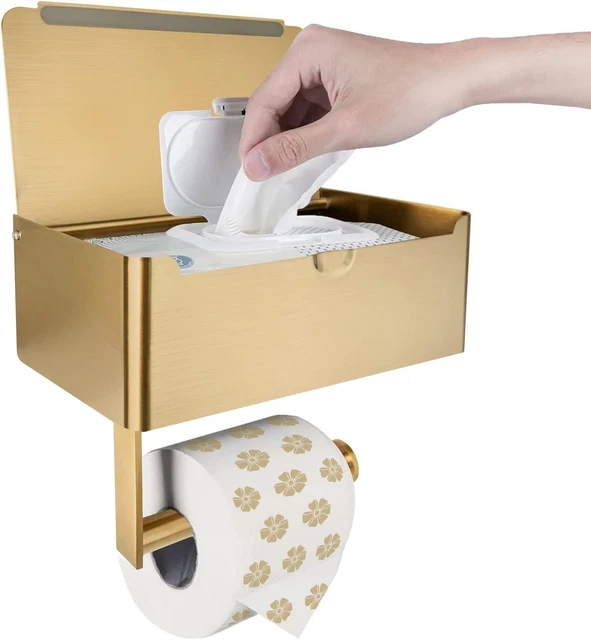 Gold Toilet Paper Holder with Shelf,Flushable Wipes Dispenser & Storage for Bat