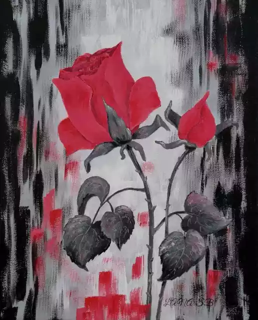 Acrylgemälde Bild Blumen Rose edel rot schwarz Liebe Herz pink Sommer Original