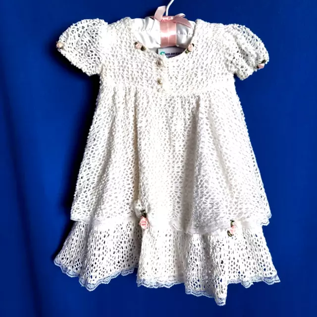 Baby Girl Crochet White Tiered Baptism Christening Party Dress Pink Roses 12 MO